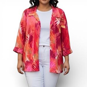 Southern Lady Jacket Open Pink Multi 18W Tropical Bright Vacation Resort Casual